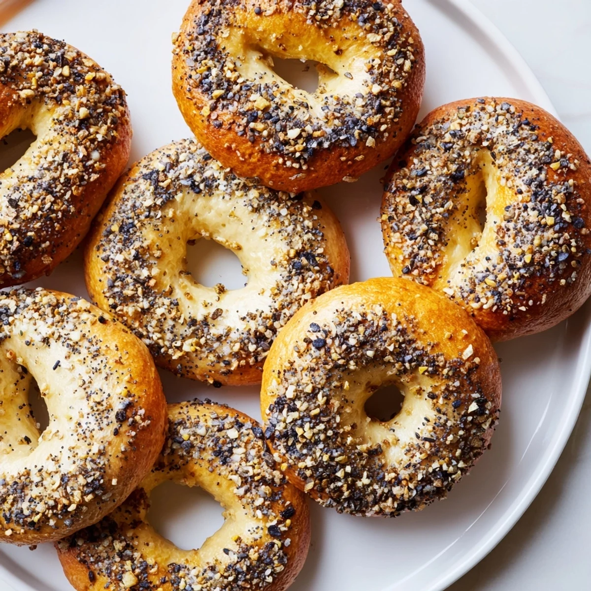 Close-up of fluffy everything bagel yogurt bagels, lightly toasted and waiting for a delicious topping.