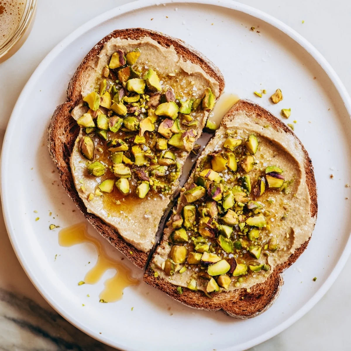 Golden-brown pistachio butter toast topped with crunchy pistachios and sweet honey drizzle.