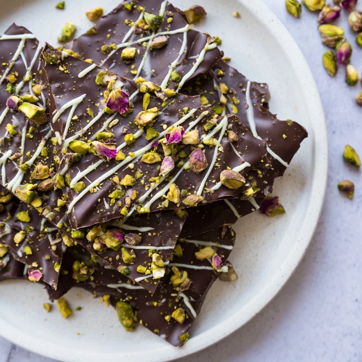 Close-up of Pistachio Dubai Chocolate Bark showing layers of dark chocolate, crunchy pistachios, and crisp phyllo.