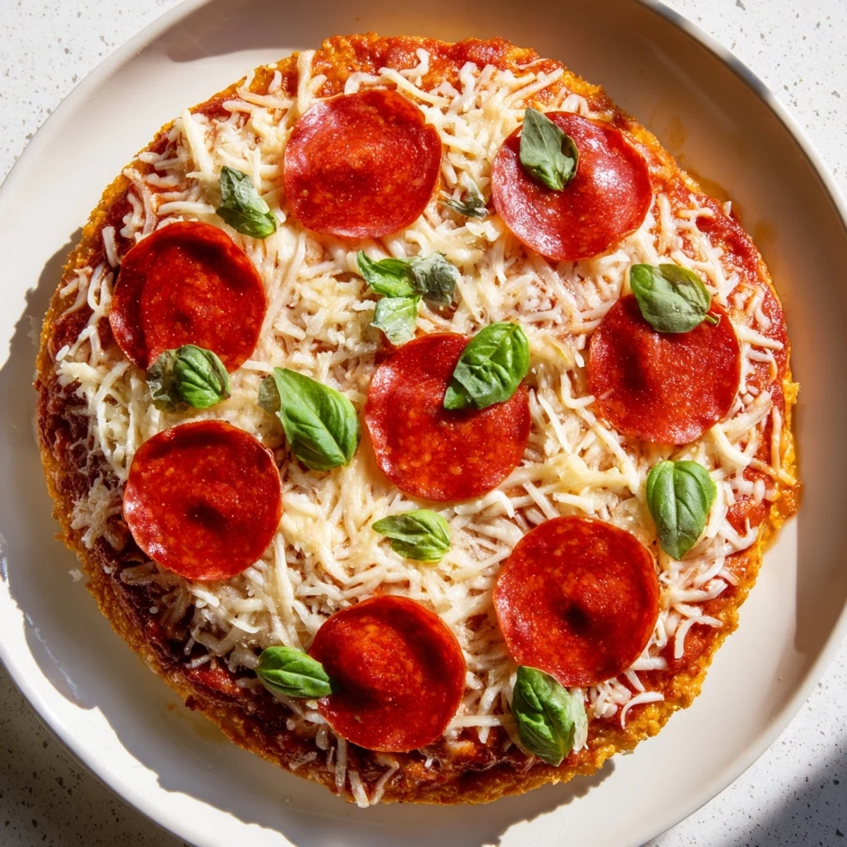 Melted mozzarella and sizzling pepperoni topping this savory ground beef pizza base creation.