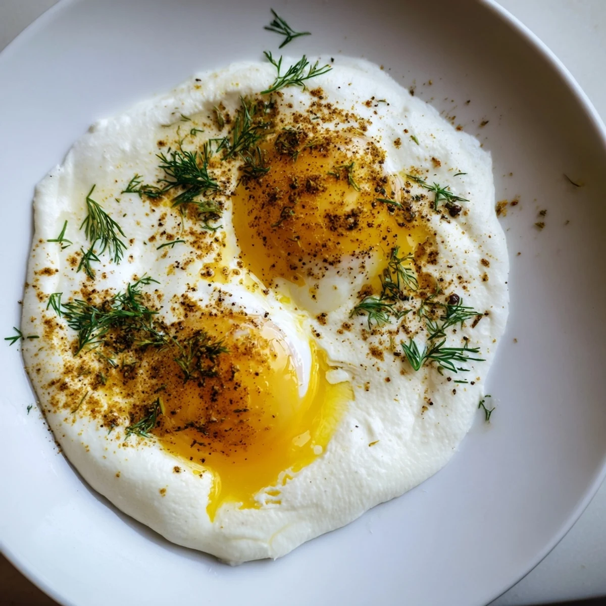 A close-up of delicious Cilbir: poached eggs swimming in spiced brown butter atop garlic yogurt.