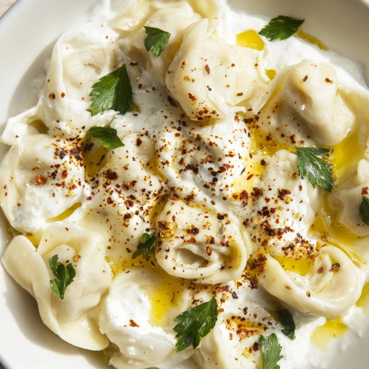 Steaming Turkish Cheesy Manti, topped with garlic yogurt and vibrant red spiced butter for serving.