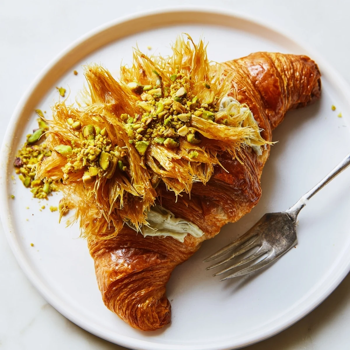 Buttery Pistachio Cream Croissants overflowing with pistachio filling, perfect for a special breakfast.