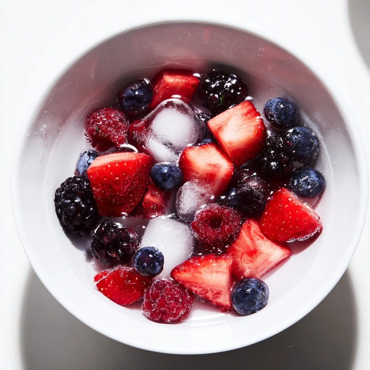 Chilled Nature's Cereal Bowl brimming with fresh blueberries, raspberries, and strawberries floating in clear coconut water with ice cubes.  