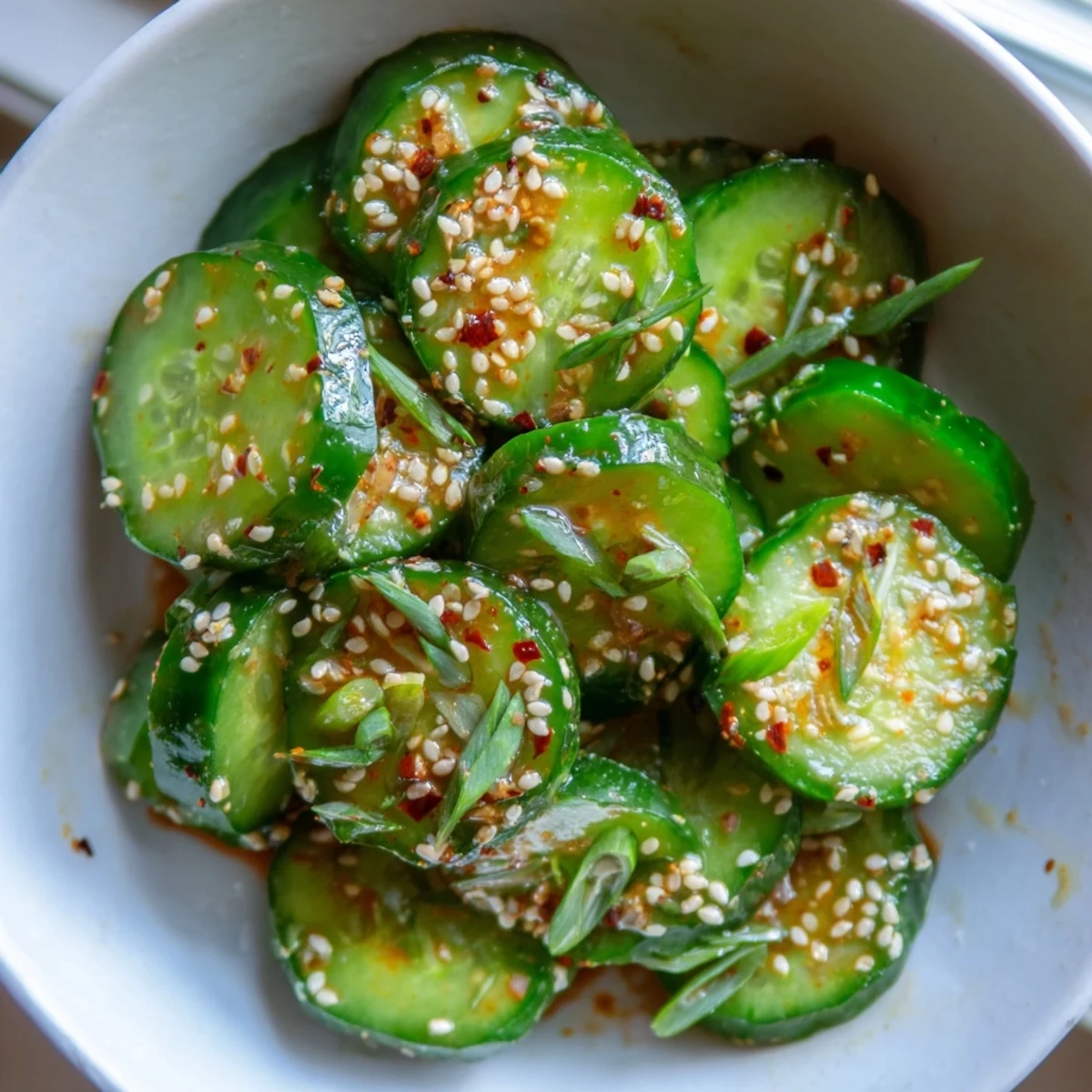 Shake Shake Garlic Cucumbers tossed with minced garlic and chili flakes, served as a crunchy appetizer on a white plate.