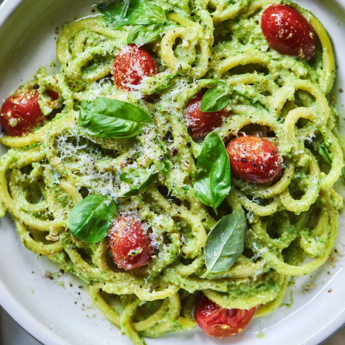 Fresh avocado pesto coats spiralized zucchini noodles, topped with halved cherry tomatoes and basil for a vibrant, low-carb main dish.  