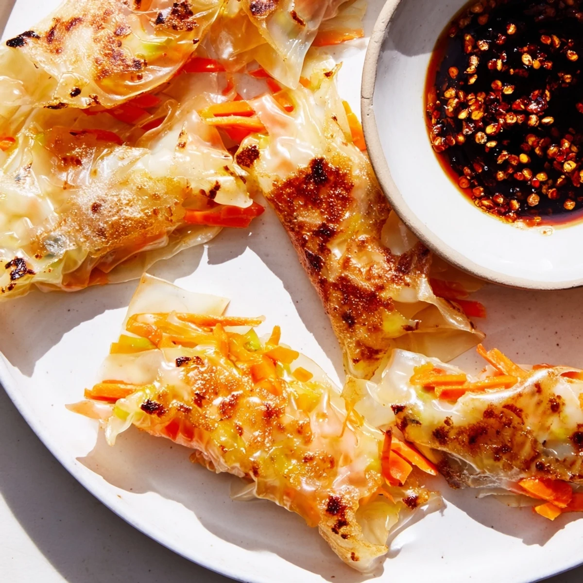 Steaming plate of Crispy Rice Paper Dumplings paired with a sweet and spicy dipping sauce, ready for a quick appetizer.