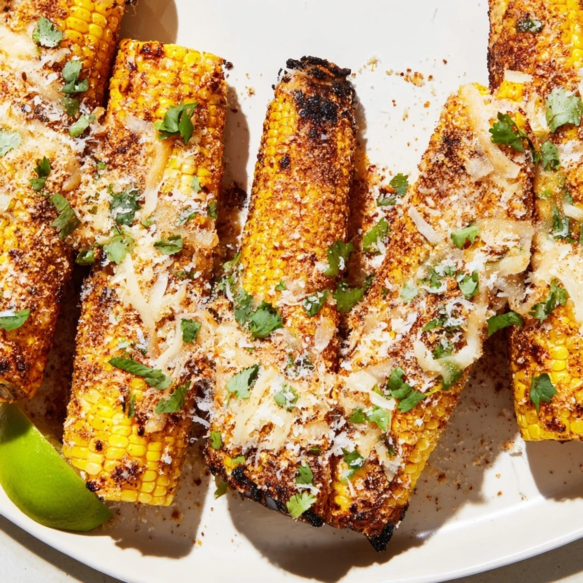 Crispy, curled Cheesy Corn Ribs plated as an appetizer with a squeeze of lime and fresh cilantro for a zesty finish.  