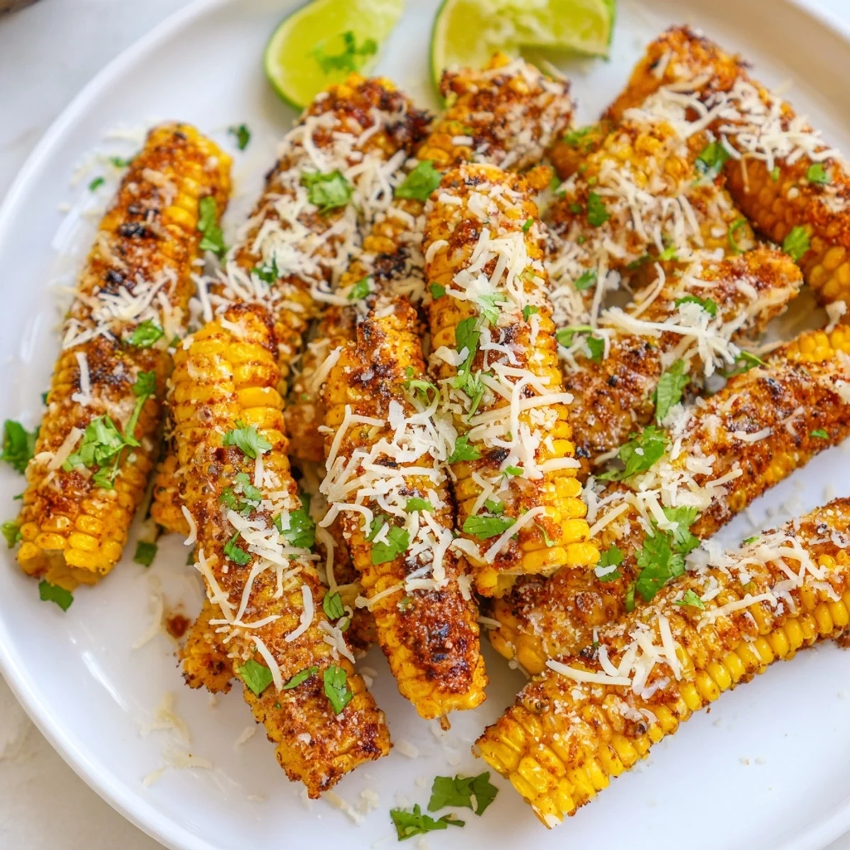 Golden-brown Cheesy Corn Ribs roasted on a baking sheet, topped with melted cheddar, fresh cilantro, and bright lime wedges for serving.  
