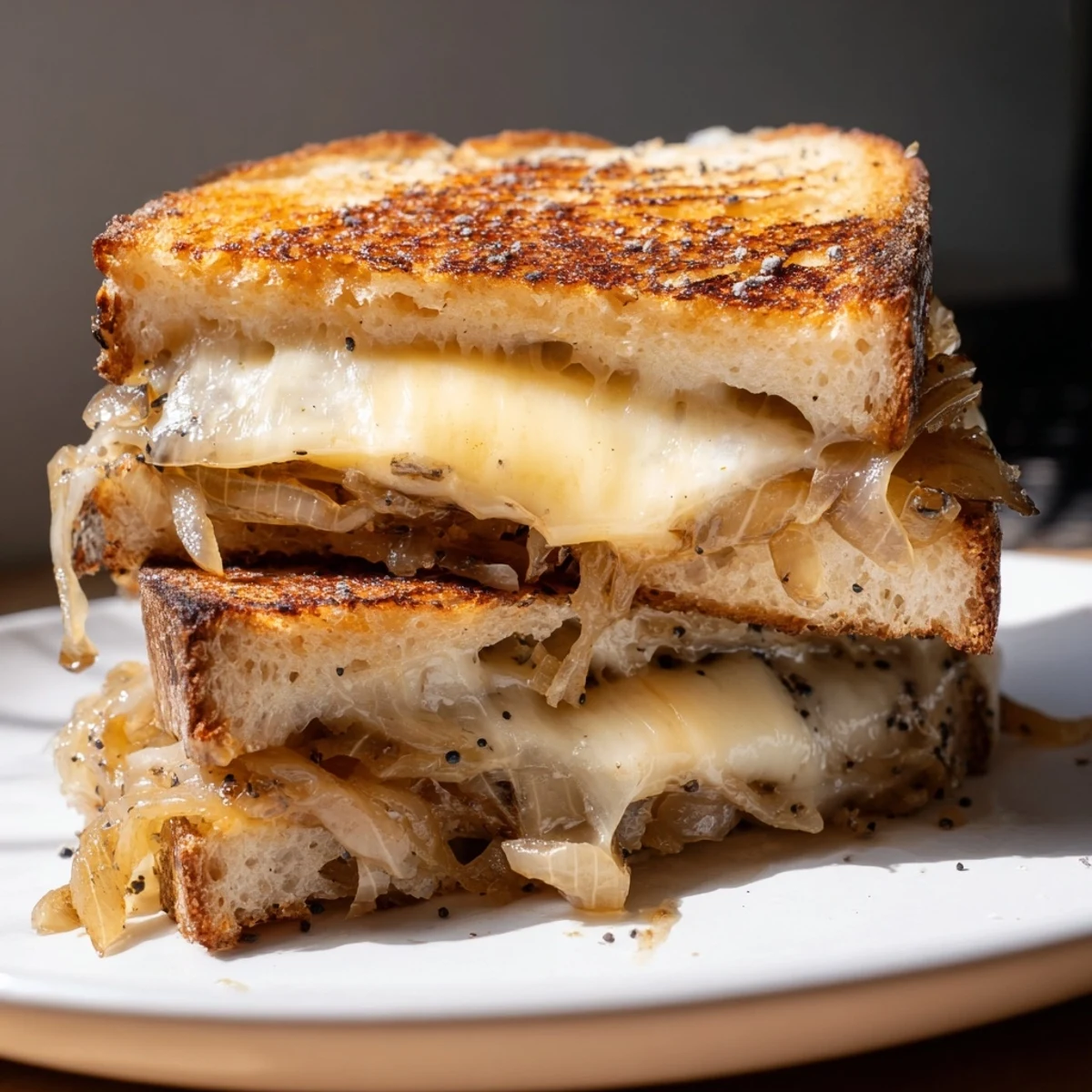 Golden-brown sourdough grilled cheese sandwich oozing with melted sharp white cheddar and sweet caramelized onions on a white plate.  