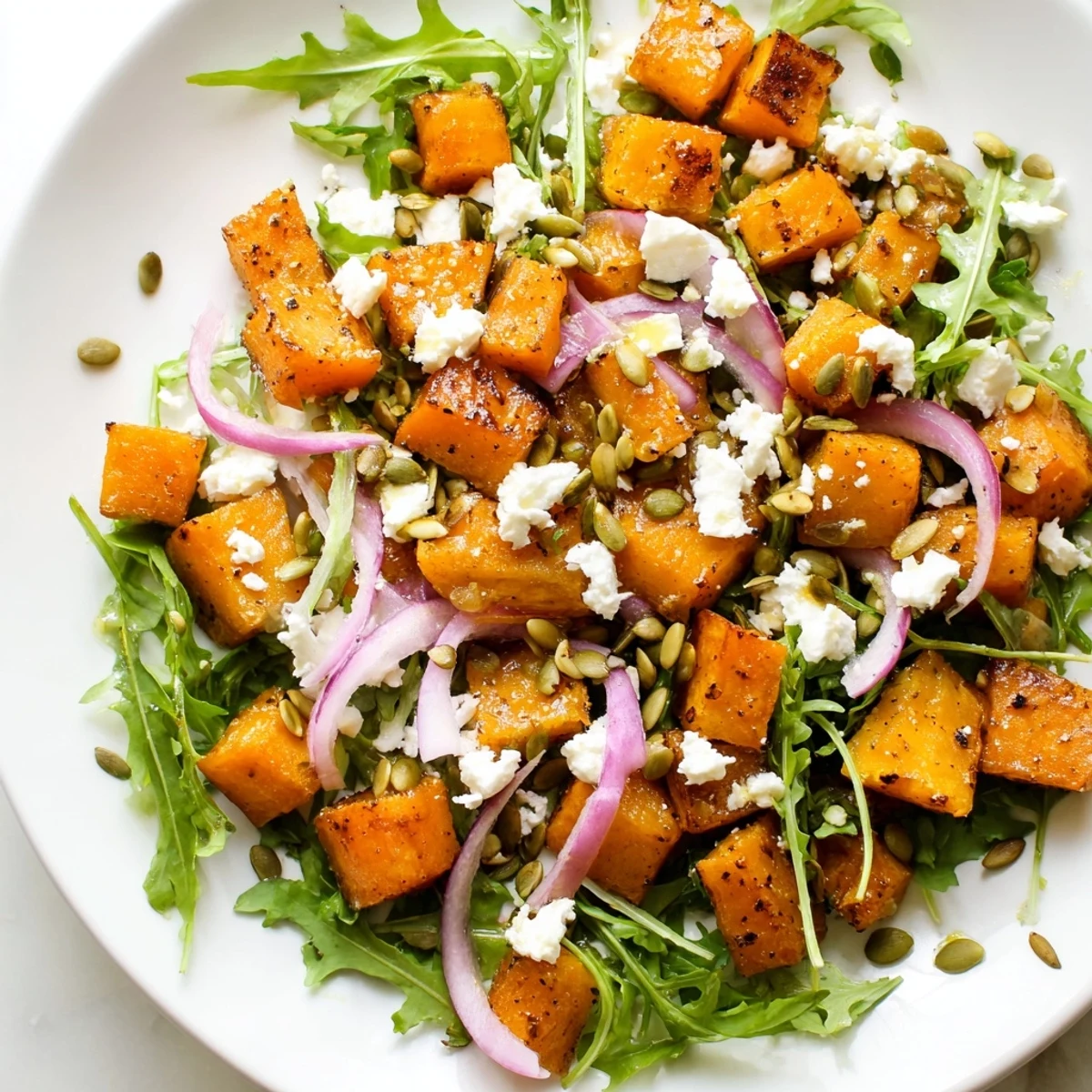 A close-up view of the Roasted Sweet Potato Salad showing caramelized sweet potato cubes on a bed of fresh arugula with crumbled feta cheese.