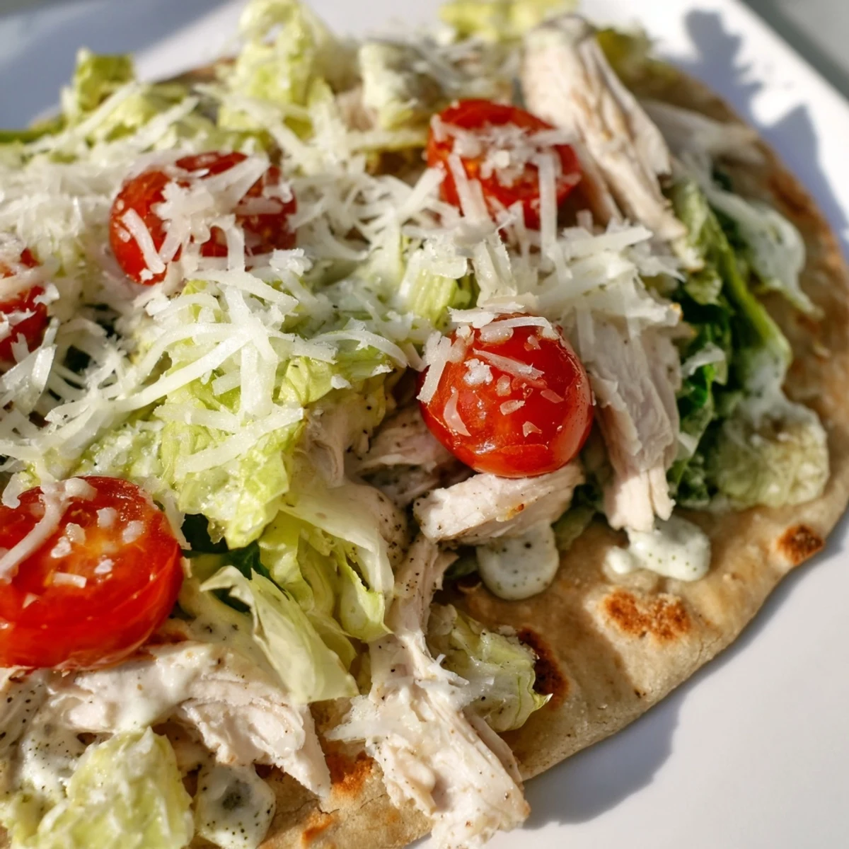 Freshly baked golden flatbread cradles juicy grilled chicken, crisp romaine, and creamy Caesar dressing for a satisfying meal.  