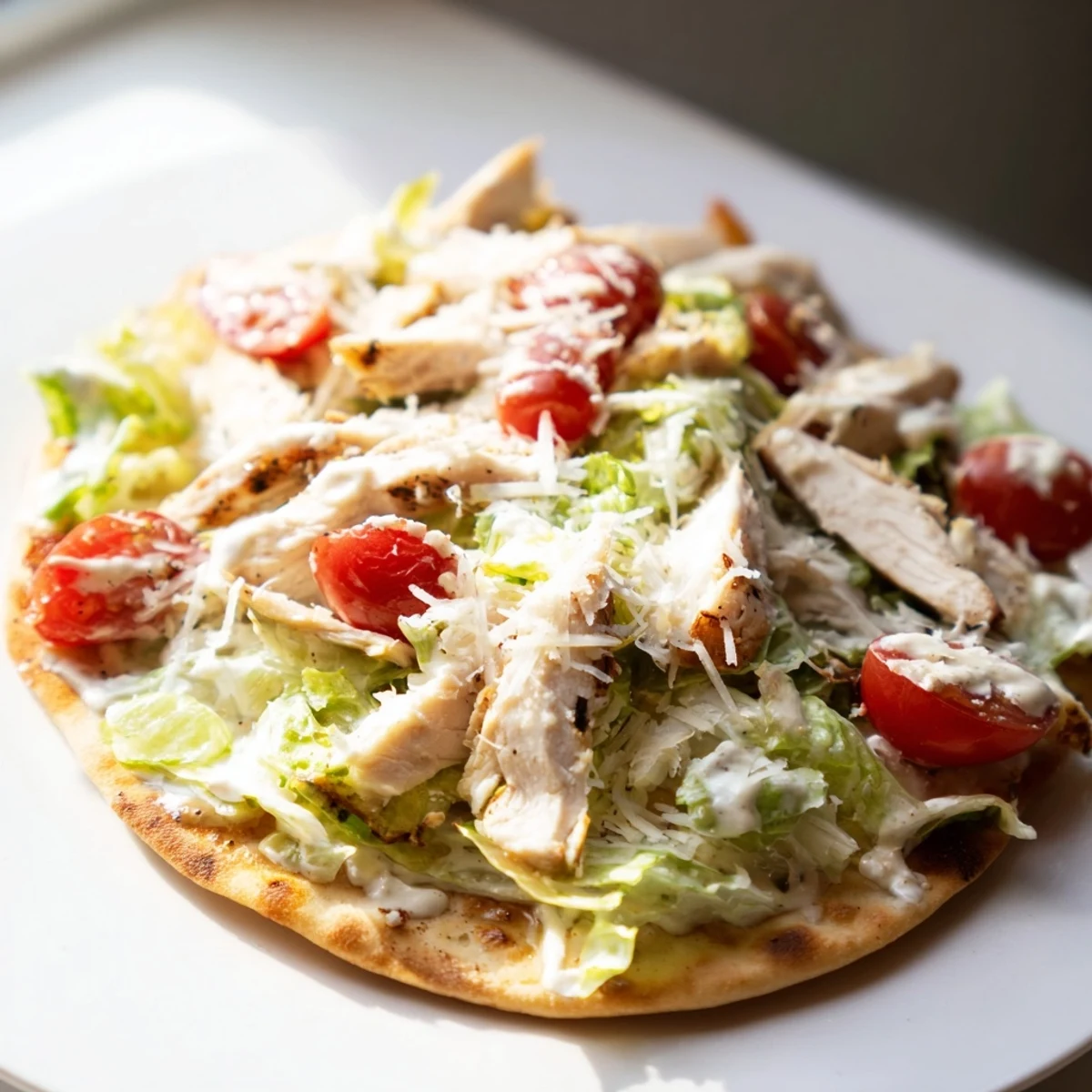 A close-up view of a rustic Chicken Caesar Flatbread with grilled chicken slices, cherry tomatoes, and herbs.