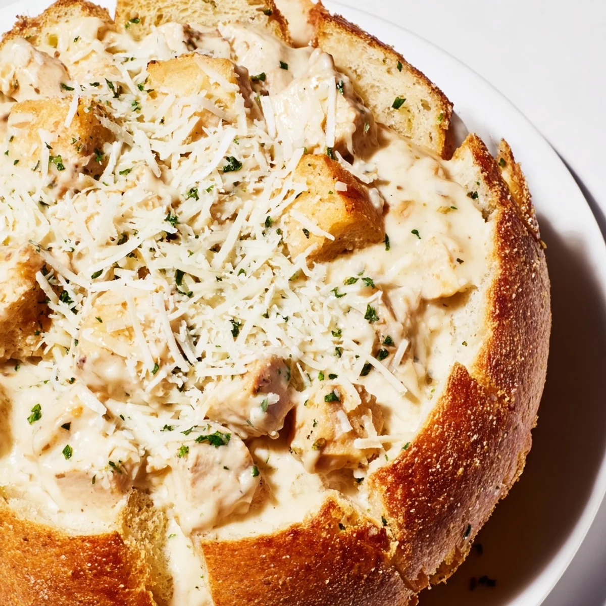 Two rustic bread bowls filled with rich, velvety Alfredo sauce and tender chicken, ready to be enjoyed as a main dish.  