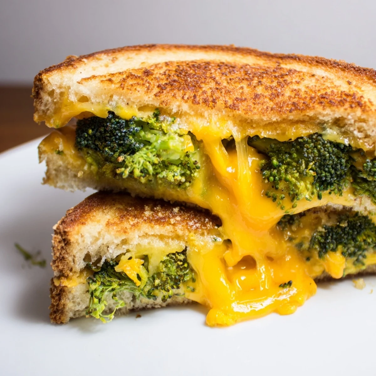 Golden-brown Roasted Broccoli & Cheddar Grilled Cheese slices on a wooden cutting board, with roasted broccoli florets and melted cheese visible inside.
