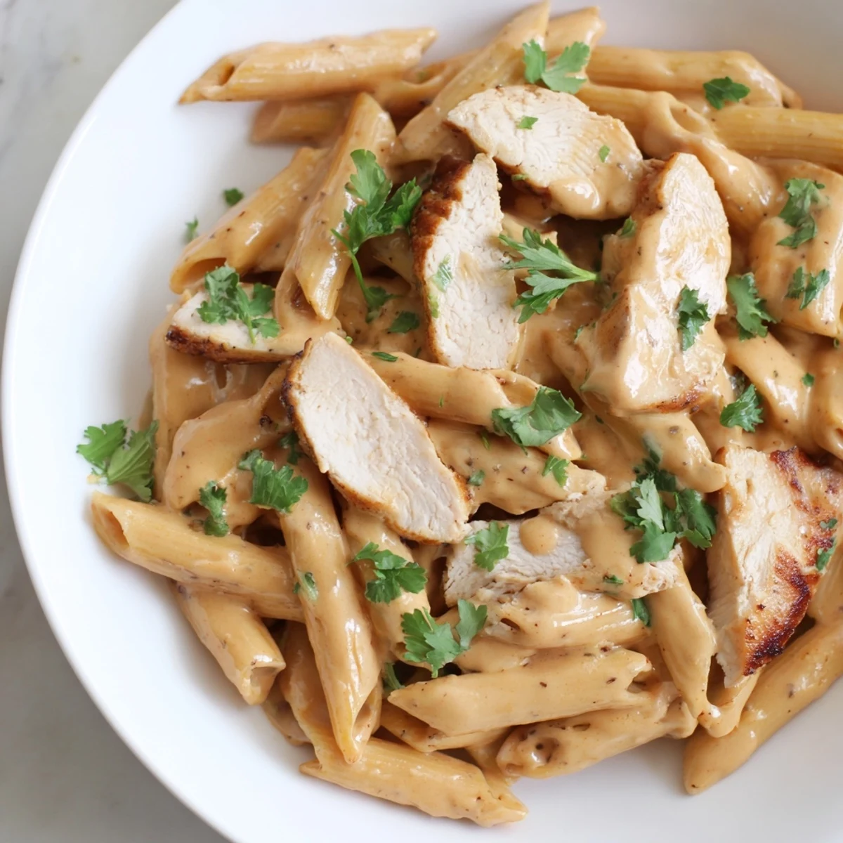 A close-up of creamy honey chipotle chicken pasta served in a white bowl, with juicy sliced chicken and fresh cilantro garnish.
