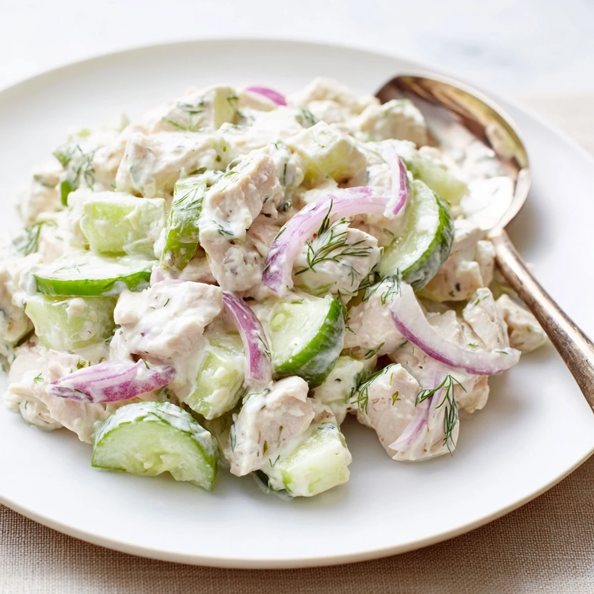 A bowl of Creamy Cucumber Chicken Salad featuring tender chicken and crisp cucumber slices in a white ceramic dish, garnished with fresh dill. The salad is served chilled on a rustic wooden table.