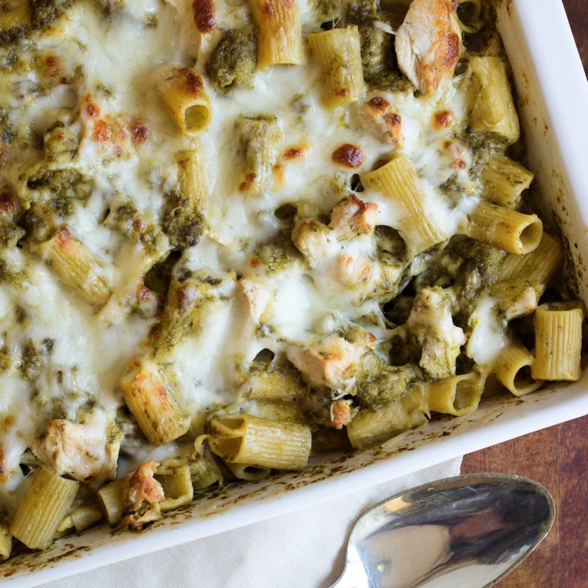 Golden-brown Pesto Chicken Pasta Bake with melted mozzarella and fresh basil garnish.