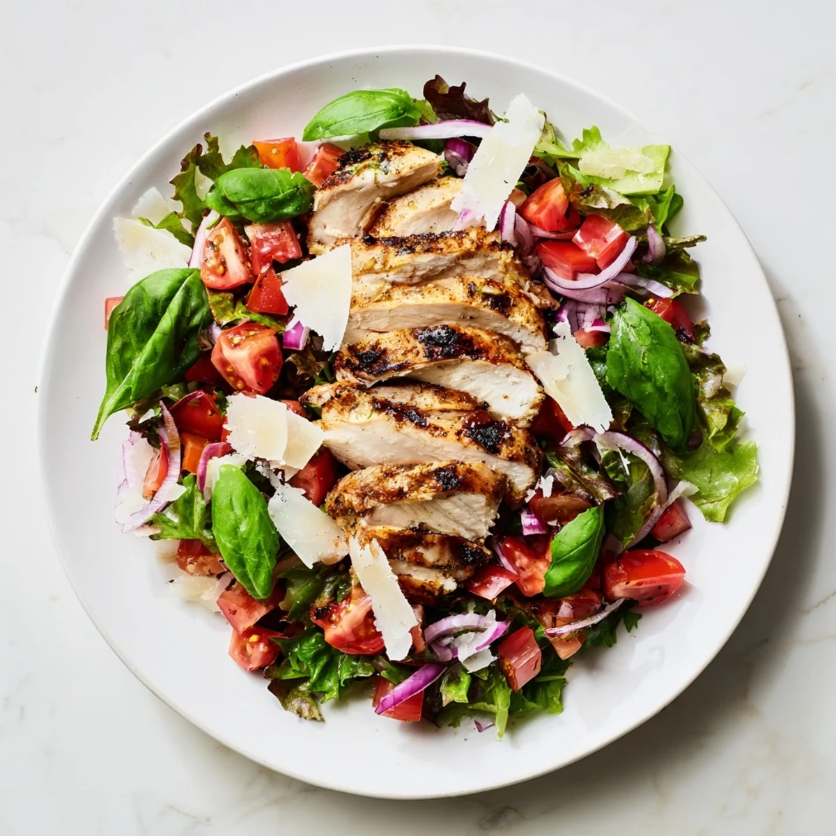 Hearty Bruschetta Chicken Salad topped with juicy grilled chicken and zesty tomato-basil mixture.  