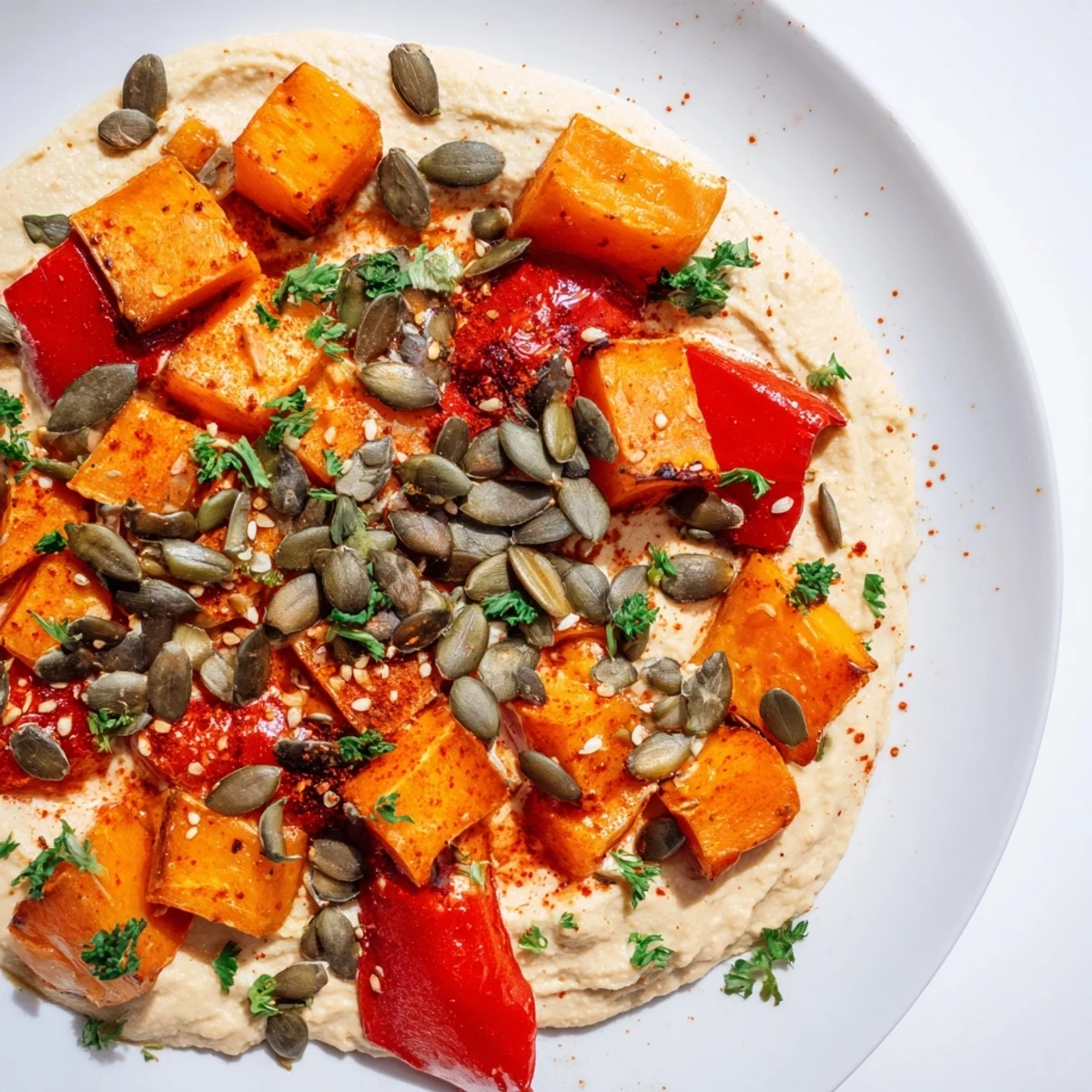 Golden roasted butternut squash and sweet potatoes rest on creamy butter bean hummus, topped with toasted mixed seeds for a satisfying crunch in this winter salad.  