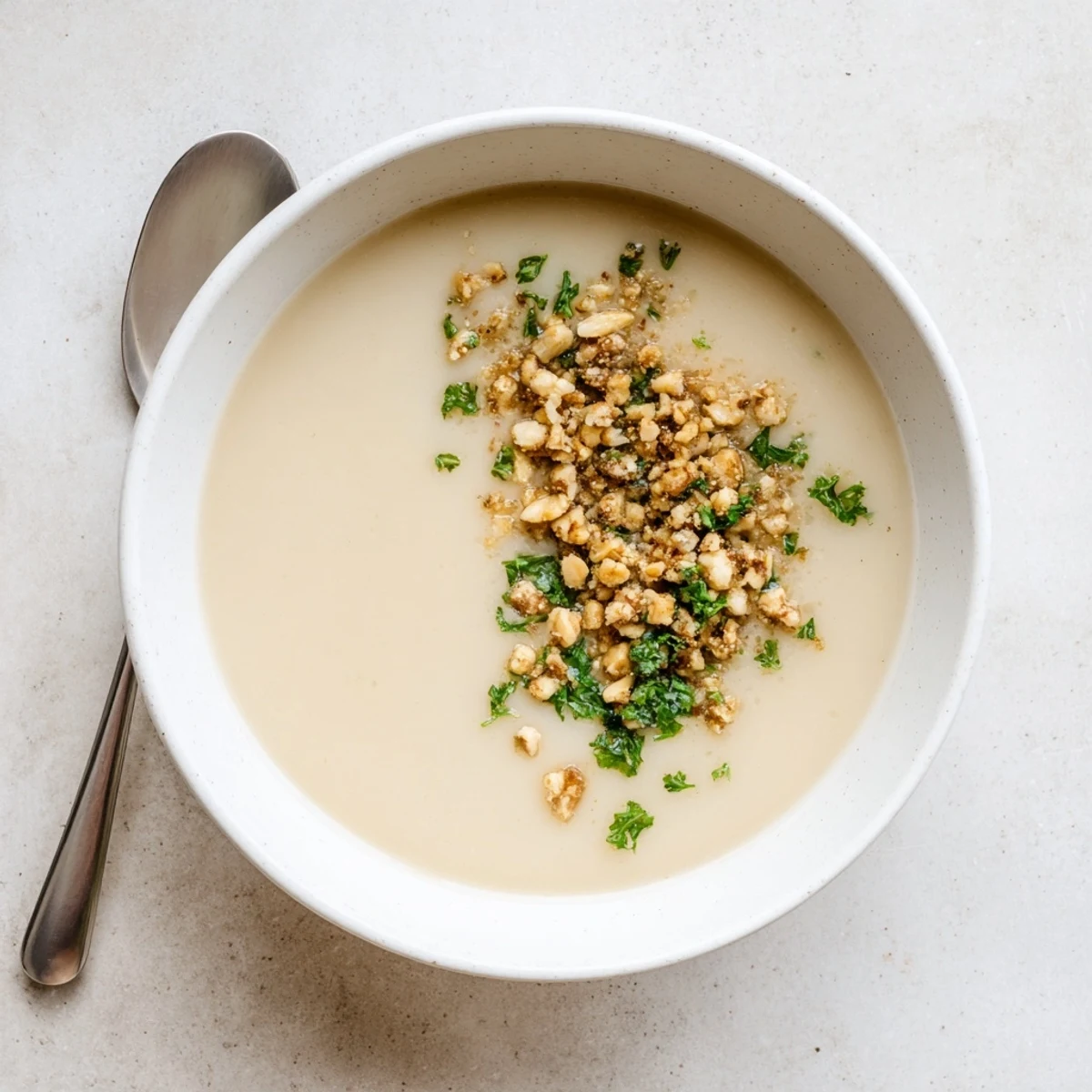 Celeriac Soup with Hazelnut Crumble glows golden, a creamy puree garnished with buttery nuts for cozy, vegetarian comfort.  