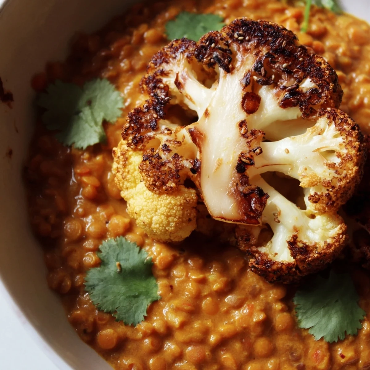 Creamy red lentil dhal with golden, cumin-roasted cauliflower florets, garnished with fresh cilantro and served in a rustic white bowl.