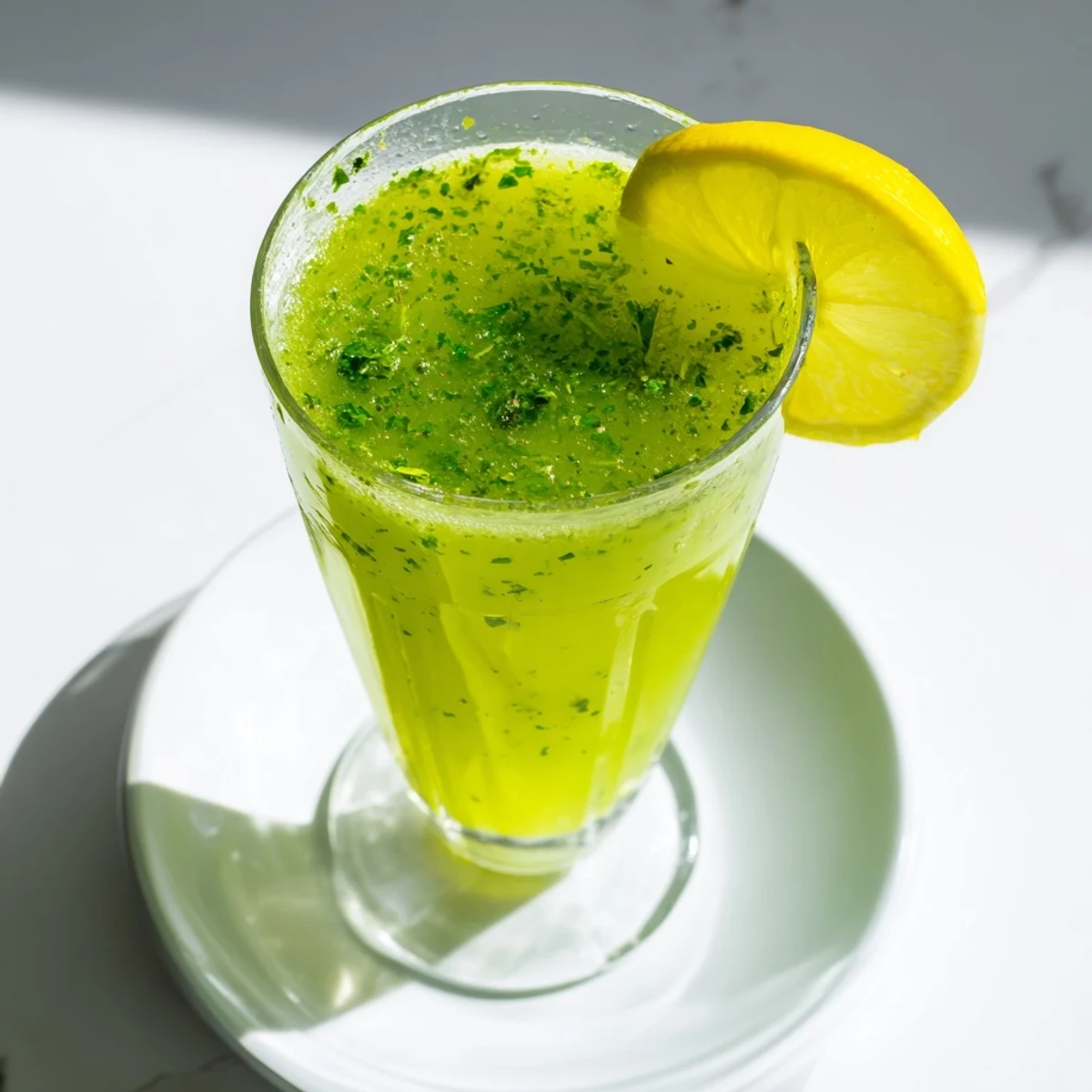 Two tall glasses of vibrant Celery Ginger Lemon Juice garnished with fresh mint and celery sticks, served over ice on a bright kitchen counter.
