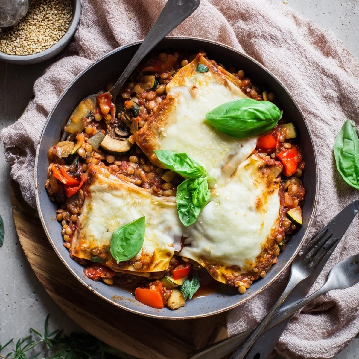 Golden-brown One-Pan Smoky Veggie Lentil Lasagne, topped with melted mozzarella and fresh basil, served hot from the oven.