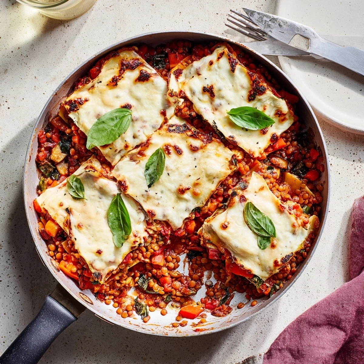 Savory One-Pan Smoky Veggie Lentil Lasagne bubbling in a skillet, garnished with basil, perfect for a cozy vegetarian dinner.