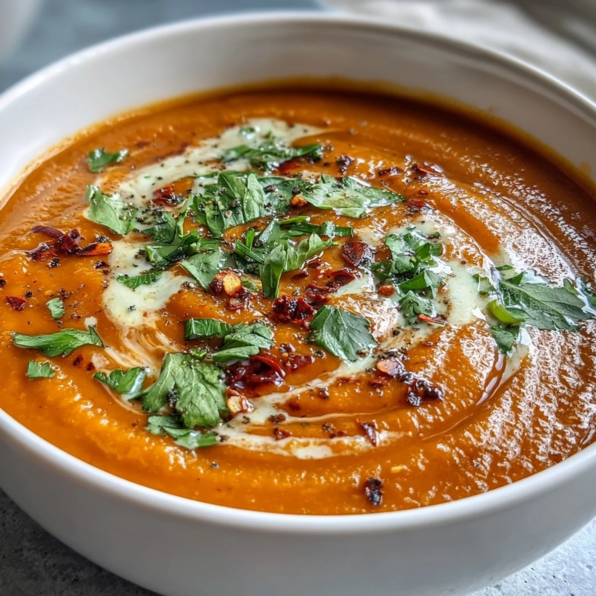 Vibrant Carrot Celeriac Chilli Soup with fresh herbs, a comforting vegan meal.