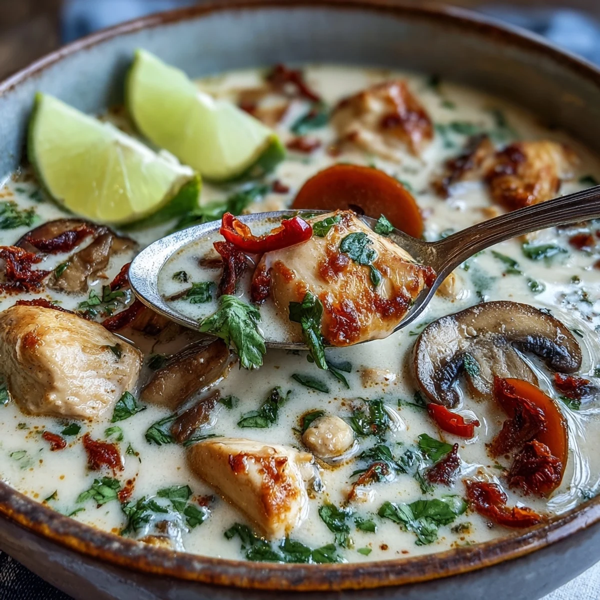 Steaming Thai Coconut Curry Soup with chicken thighs and jasmine rice in a creamy red curry broth.