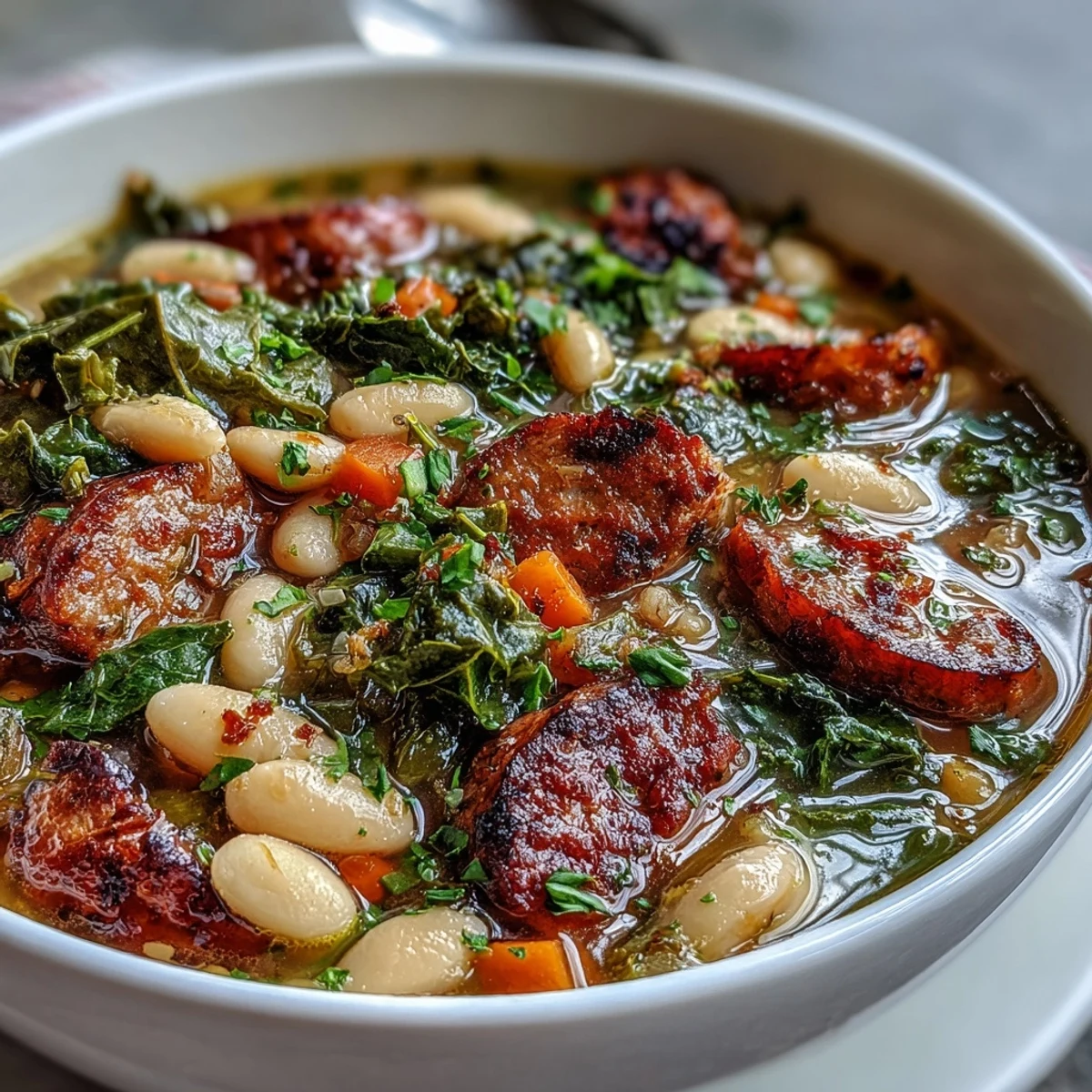 Steaming bowl of Italian White Bean Soup with Kale and Sausage, garnished with Parmesan and crusty bread on the side.