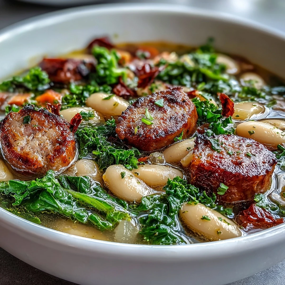 A rustic pot of Italian White Bean Soup featuring spicy sausage, tender kale, creamy beans, and aromatic roasted garlic.