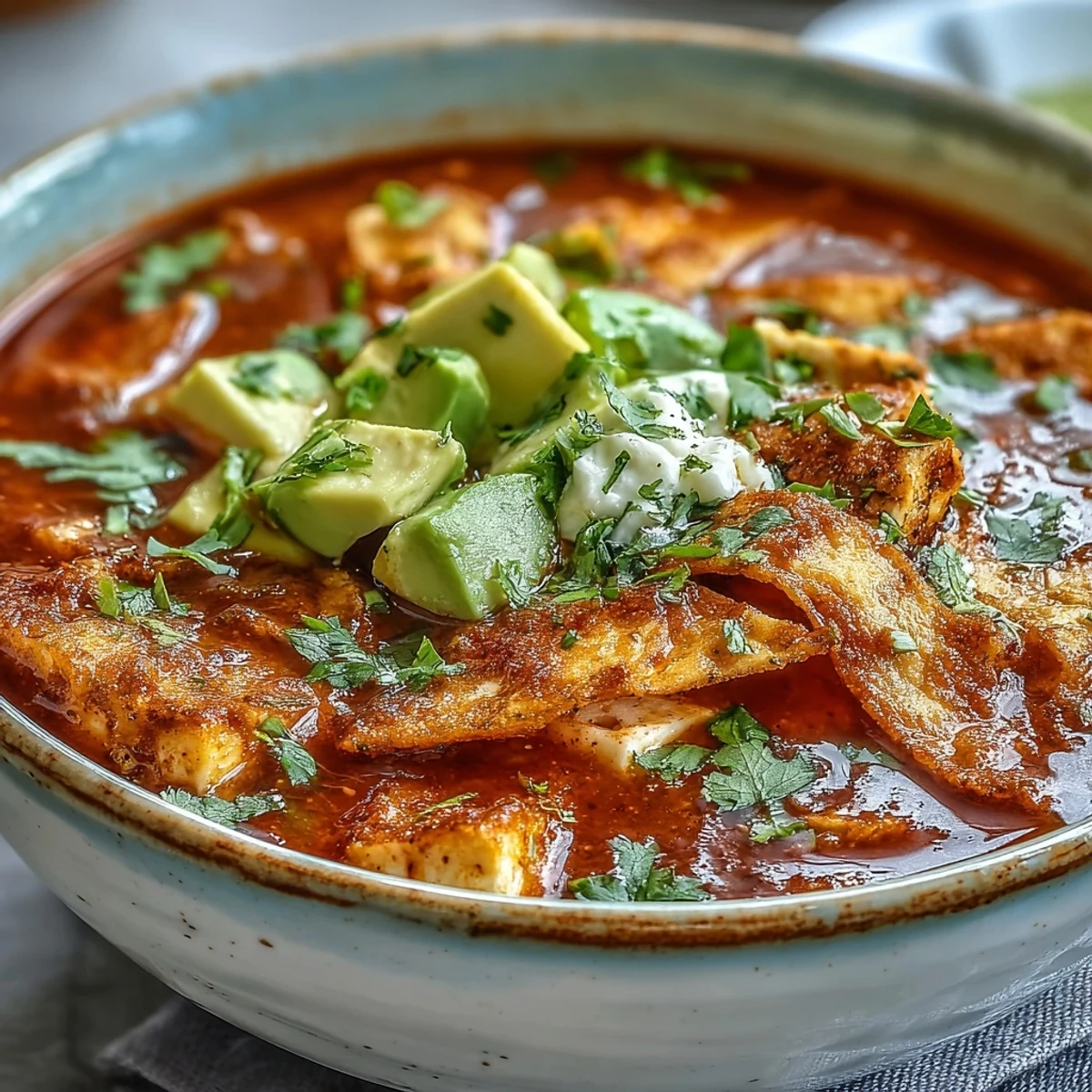 Crispy golden tortilla strips sit in a smoky tomato-chile broth for Sopa Azteca, with lime on the side.