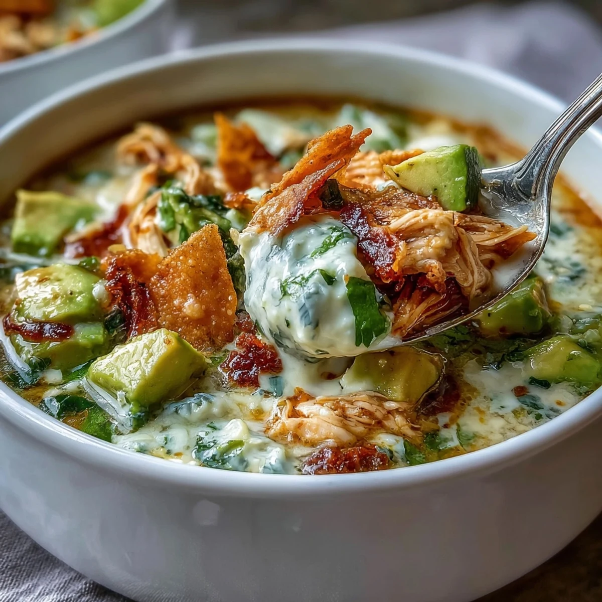 Close-up of Creamy Chicken Tortilla Soup with shredded chicken, salsa verde base, and crispy chips, steaming in a ceramic bowl.
