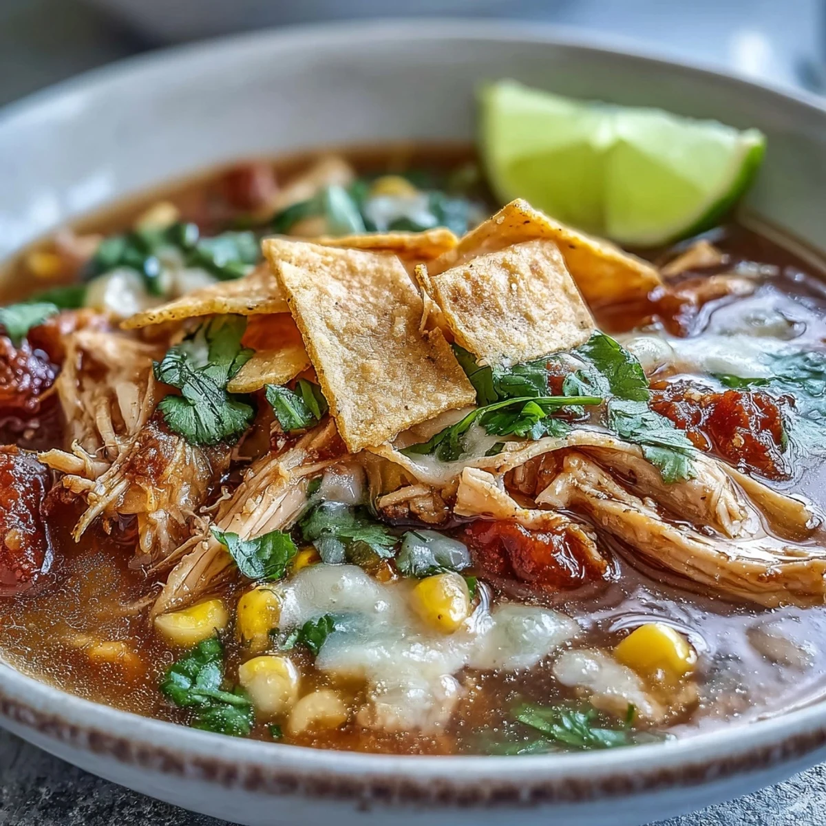 Hearty Best Chicken Tortilla Soup served hot with lime wedges and fresh cilantro.