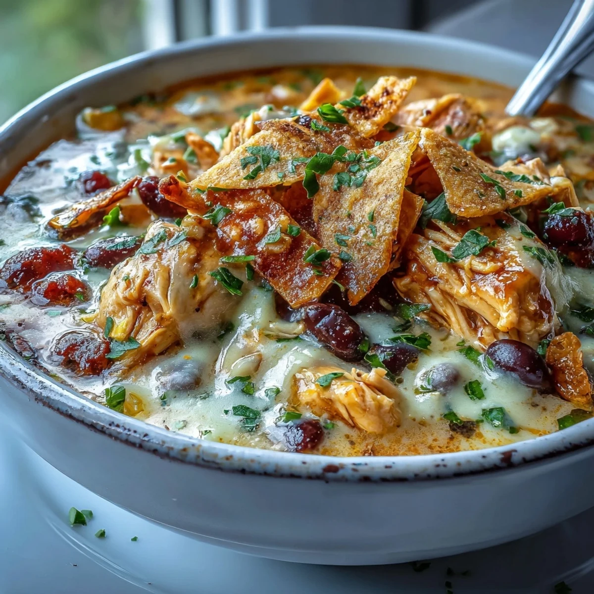 A steaming bowl of Easy Chicken Tortilla Soup topped with shredded cheddar, fresh cilantro, and crispy tortilla strips.