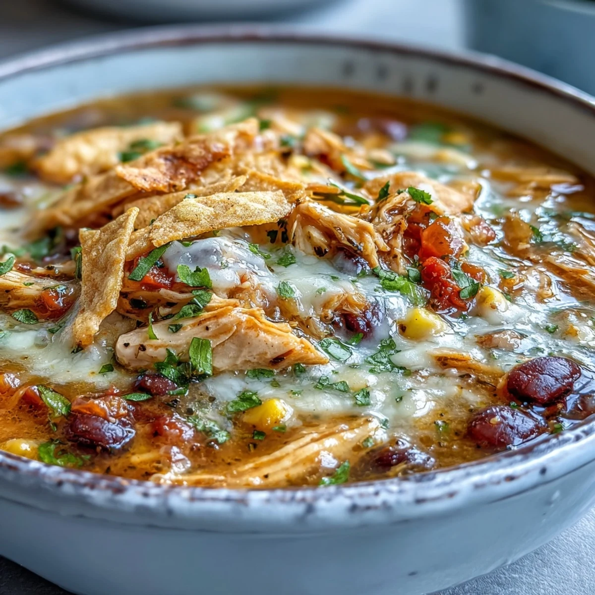 Serving suggestion for Easy Chicken Tortilla Soup, garnished with jalapeños and cilantro, ready for a cozy weeknight dinner.