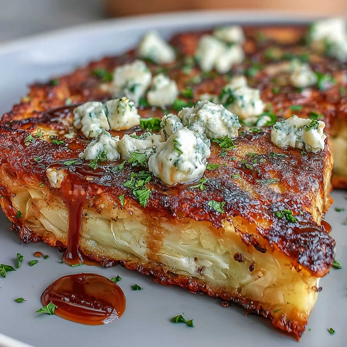Golden-brown Crispy Cabbage Steaks with Feta and Balsamic rest on a rustic platter, garnished with fresh parsley for a vibrant side dish.