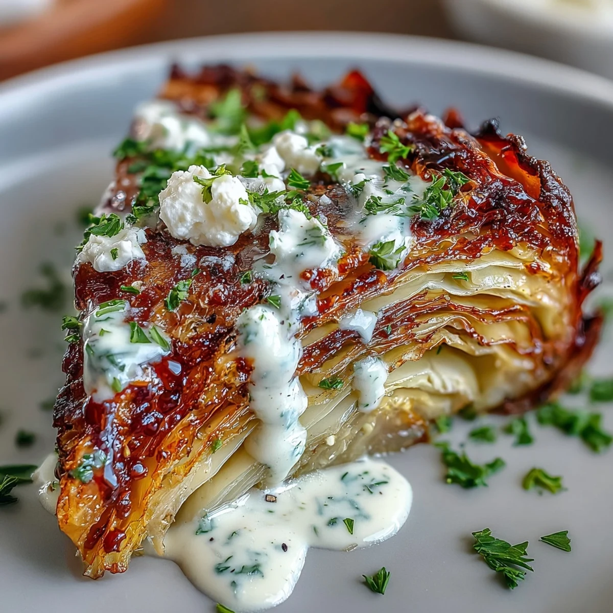 Four thick Crispy Cabbage Steaks with Feta and Balsamic are roasted to perfection, featuring golden edges and a drizzle of tangy glaze.