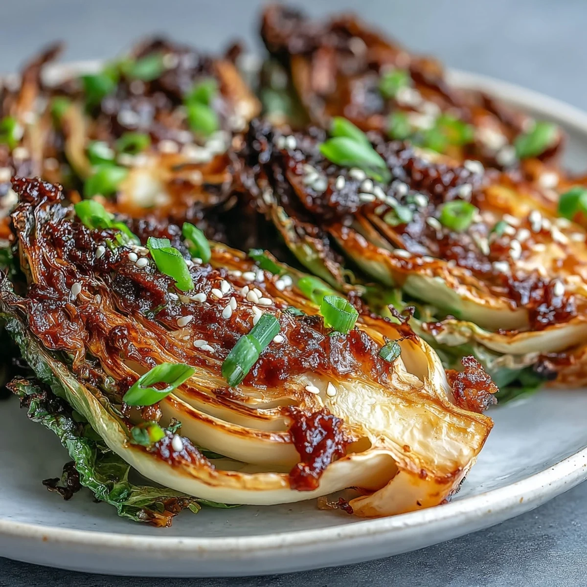 Crisp-edged Miso Butter Roasted Cabbage Wedges plated beside a bowl of steamed rice for a hearty dinner.