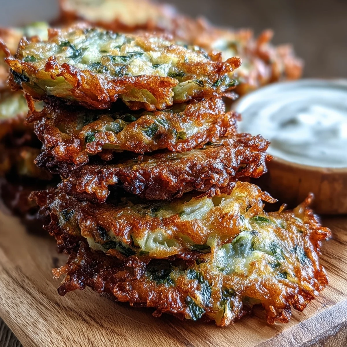 Golden-brown Cabbage Fritters With Dipping Sauce stacked on a plate, steam rising from the crispy edges and fresh herbs on top.