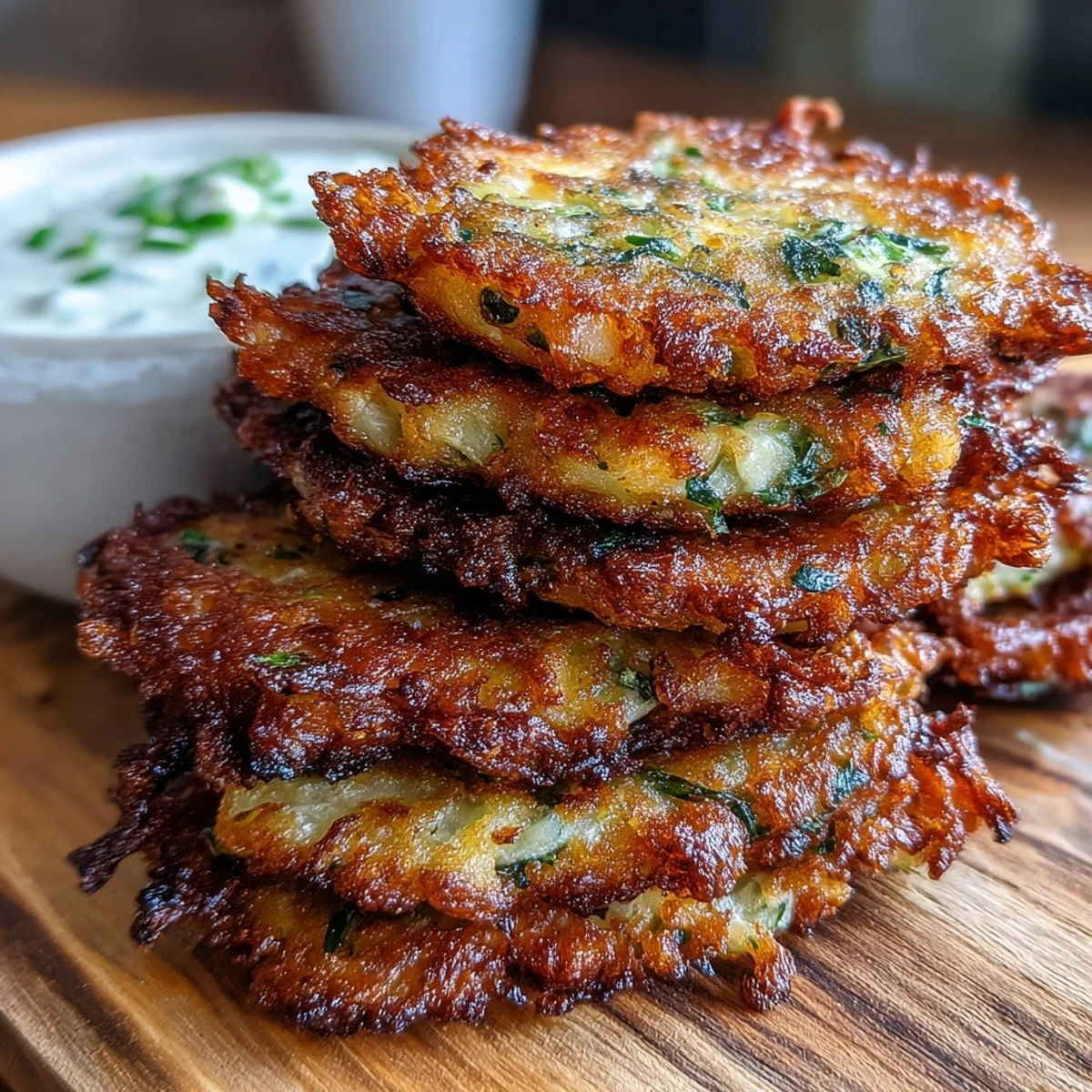 A hand holding a Cabbage Fritters With Dipping Sauce near a small white ramekin of creamy dip on a rustic table.