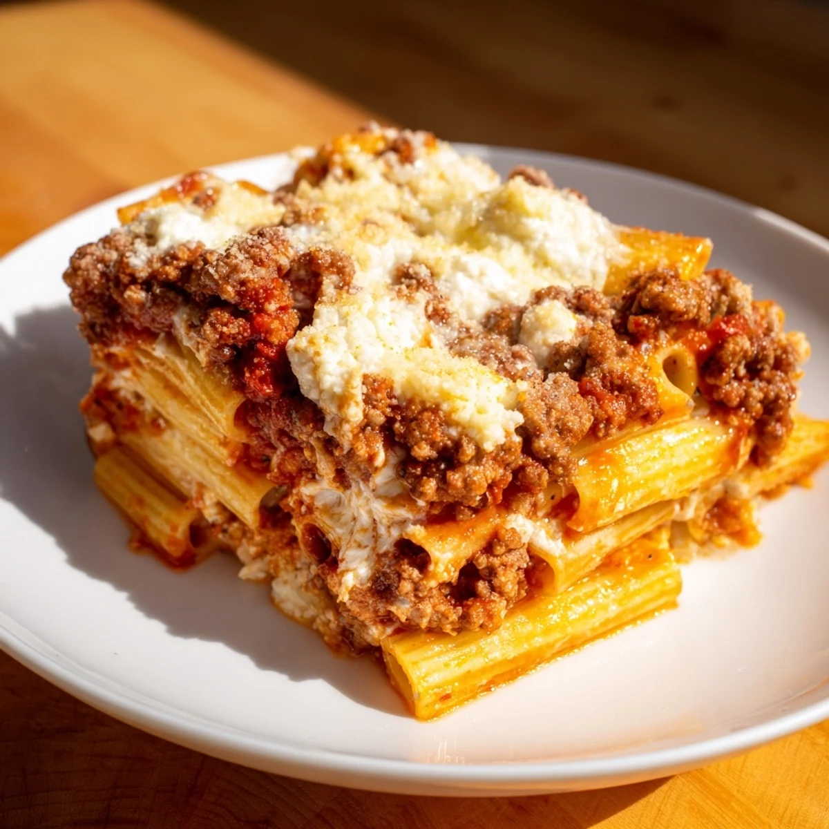 Golden-brown Baked Ziti with meat sauce, bubbling mozzarella, and a hint of herbs on top.