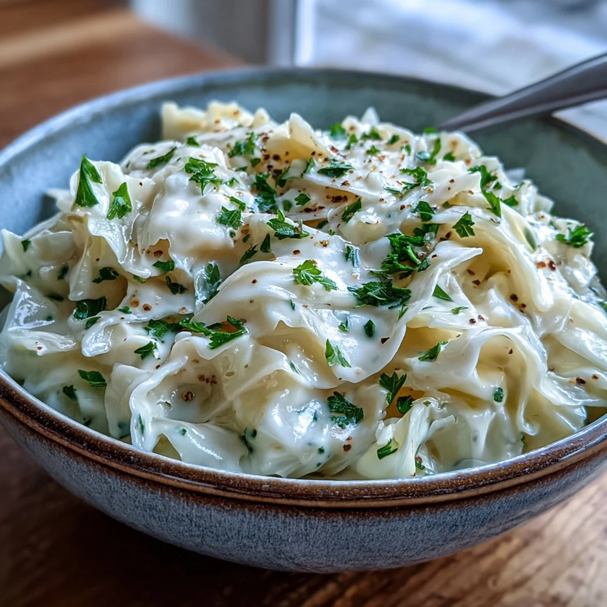 Creamed Cabbage simmering in a skillet with a velvety white sauce, fresh parsley garnish for a comforting vegetarian side dish.
