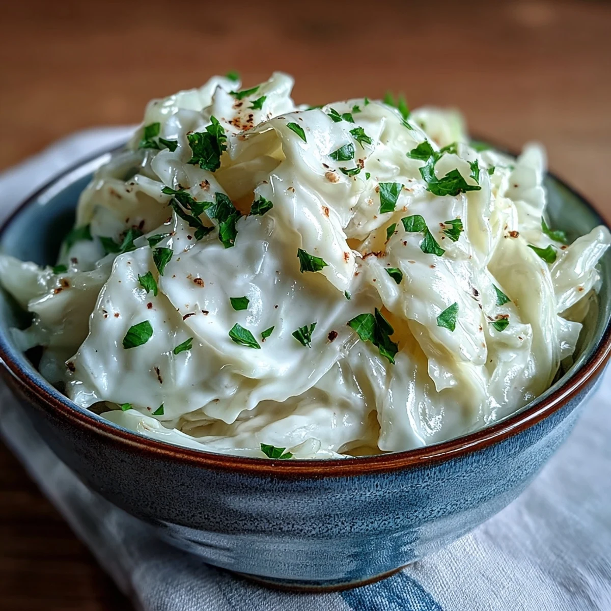A close-up of silky Creamed Cabbage in a creamy sauce, served alongside juicy pork chops on a white ceramic plate.