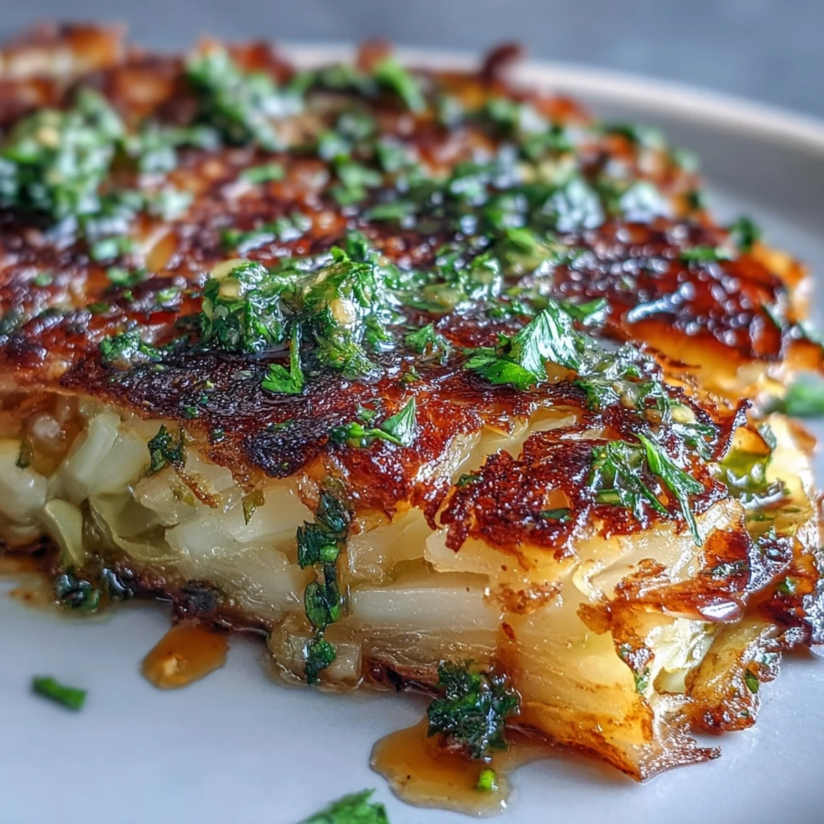 Golden roasted cabbage steaks with jalapeño chimichurri drizzled over the top.