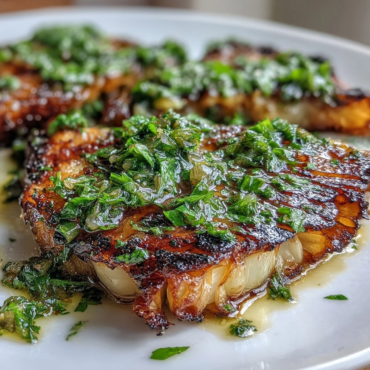 Thick, caramelized cabbage steaks topped with vibrant jalapeño chimichurri on a plate.