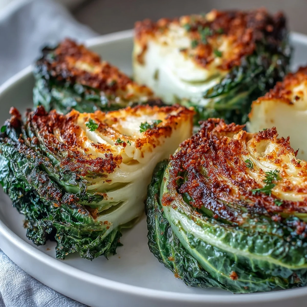 Savory Roasted Garlic Parmesan Cabbage Wedges on a platter, garnished with fresh herbs and ready to accompany grilled chicken.