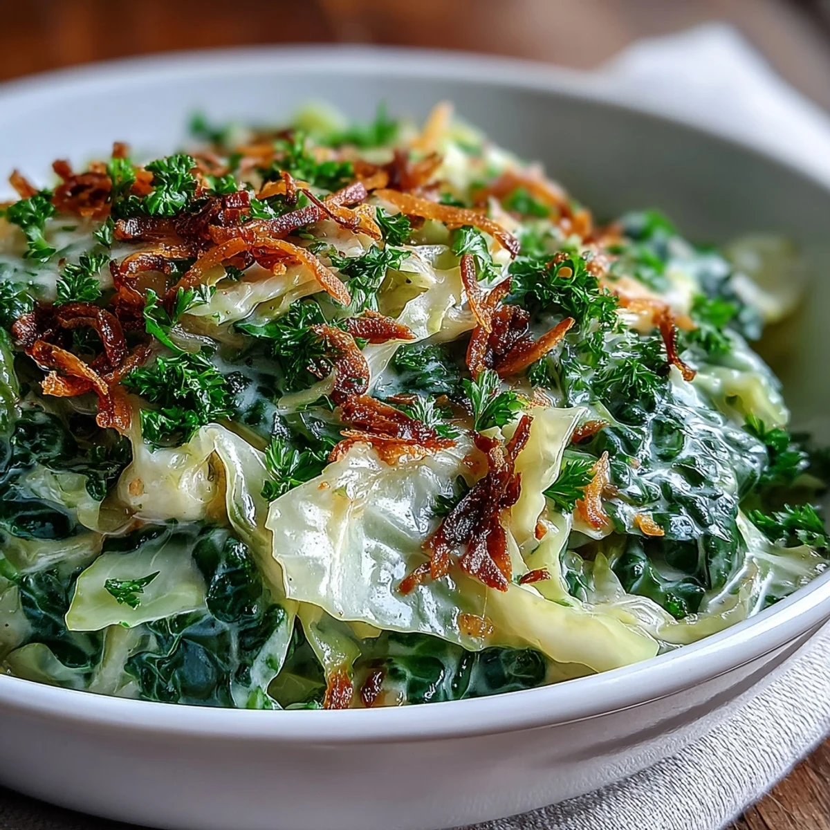 Caramelized onions and tender cabbage coated in a rich coconut milk sauce, served warm as a comforting gluten-free side dish.